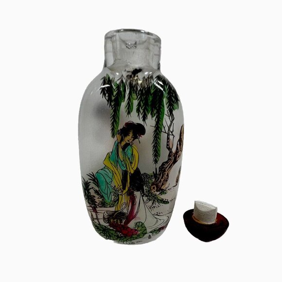 Chinese Vintage Reverse Painted Glass Snuff Bottle Geisha Girl With Stopper. - Picture 5 of 6